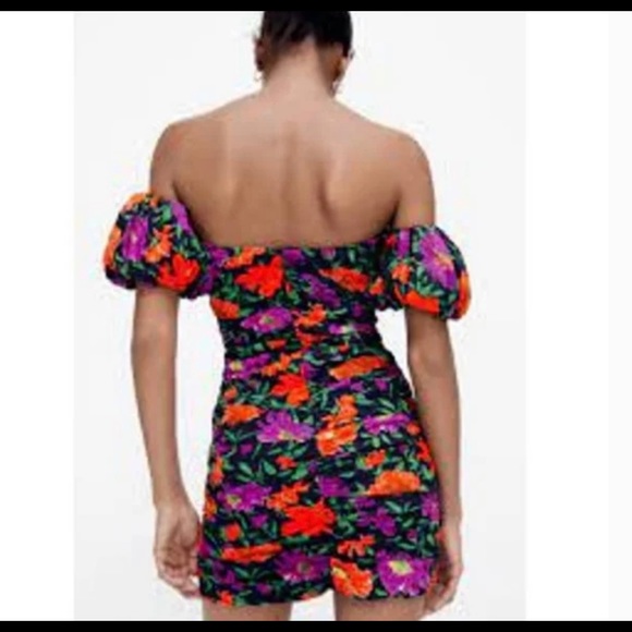 NWT Zara Floral Off Shoulder Puff Sleeve Mini Dress-Ruching - Picture 3 of 10